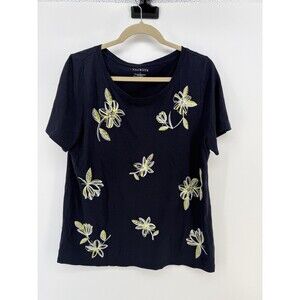 Talbots Embroidered Short Sleeve Tee Size L navy Boho Floral Women cotton blend